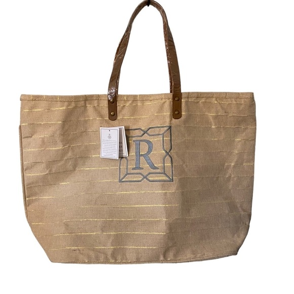 THE ROYAL STANDARD Shimmer Striped Oversized Tote Bag Natural/ Slate Embr w/ [R] - Picture 1 of 5